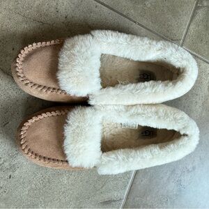 UGG Women's Chestnut and White Suede Shearling Moccasins